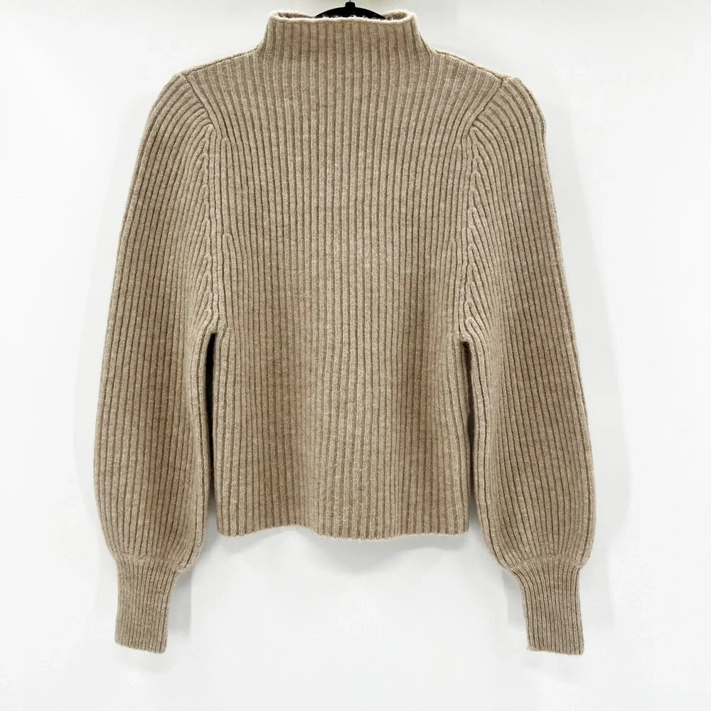 Cinnamon Knitwear Tan Beige Ribbed Mock Neck Lantern Sleeve Wool Blend Sweater S
